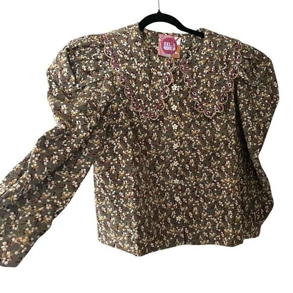 Celia B Sz L Corduroy Virginia Floral Peasant Top Blouse Lace Trim NWT - Picture 5 of 10